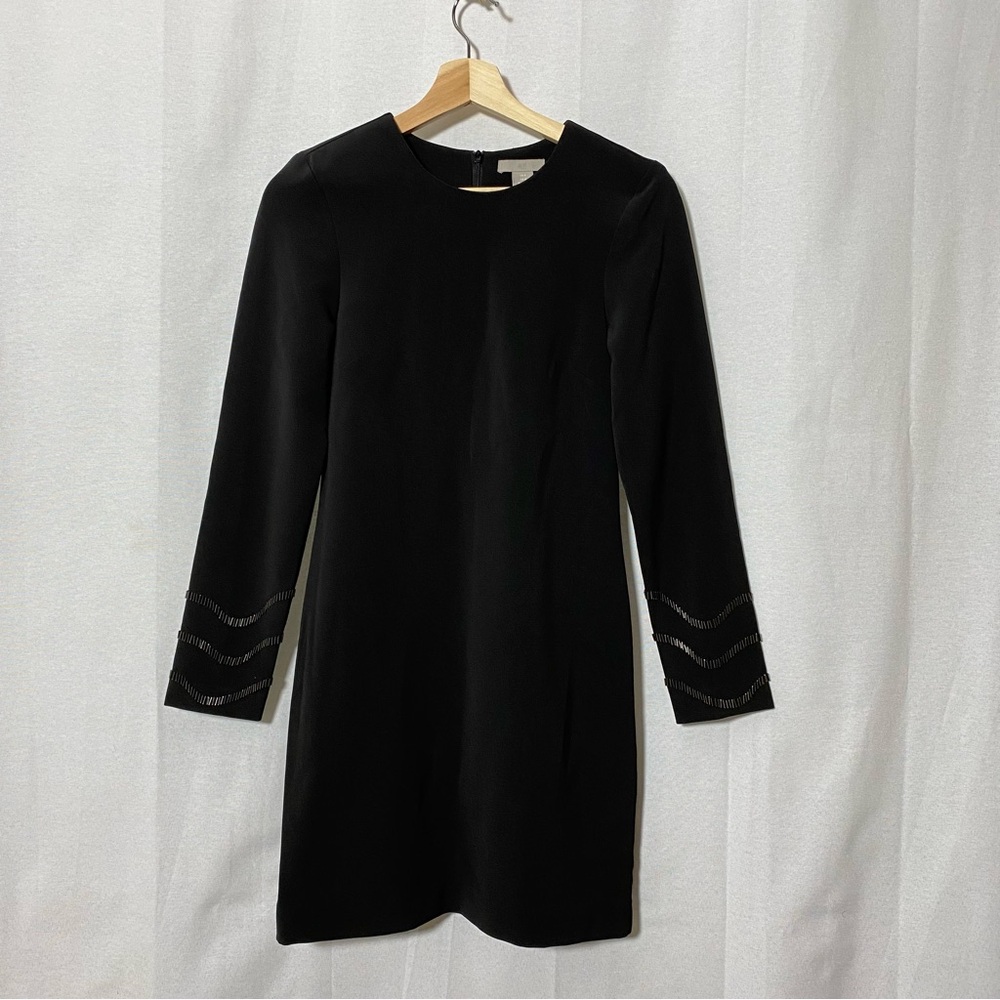 H&M’s Elegant Black Dress with Embellished Sleeves shoulder pads zip up sz US 0